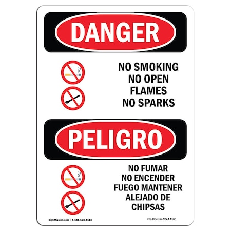 OSHA Danger, No Smoking Open Flames Sparks Bilingual, 10in X 7in Aluminum